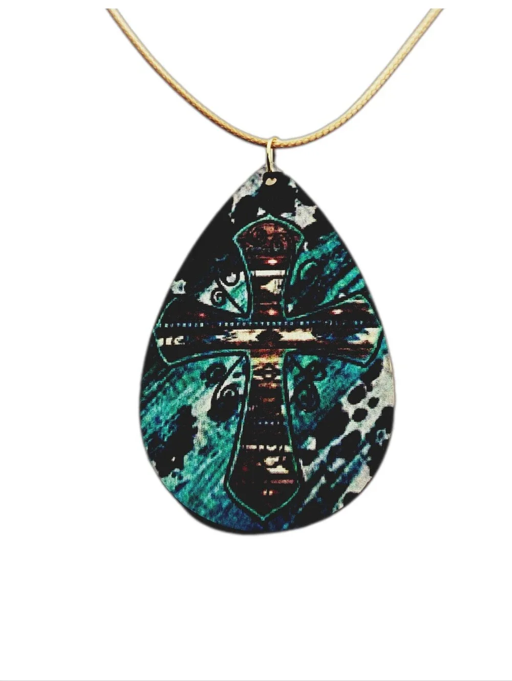 Wooden, Teardrop Shaped Cross Pendant & Necklace